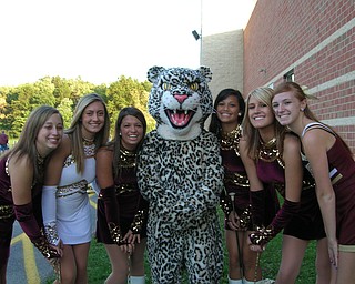 Love Those Leopards! Liberty majorettes, Jessica Dravis, Amanda Nacarato (Captain), Allison Armeni, mascot Cody Smith, Kay Raib, Leeann Hartill, and Melissa Sobnosky show their pride.