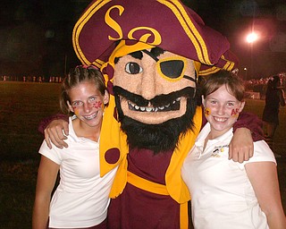 this is picture of the south range raider mascot with Lynni Cramer on the left and Brittany Barron on the left