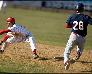4.2.2008
Youngstown Penguin David Leon (16) makes an error allowing Derek Fallecker (28) of Duquesne Dukes to advance to second base during a match up between the two teams Wednesday afternoon at Cene Park in Struthers.