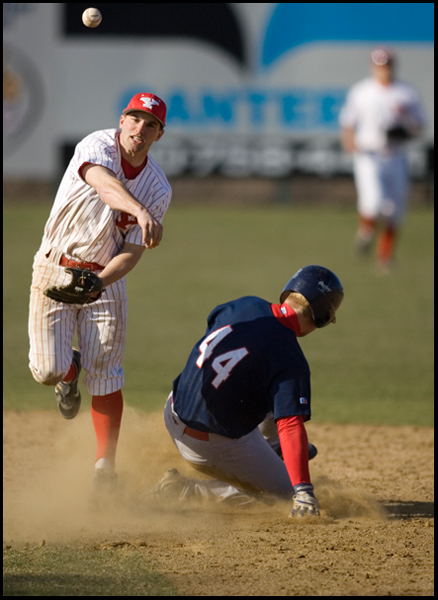 4.2.2008
Youngstown Penguin Josh Page (8) throws the ball to first in hopes of a double play after forcing Mike Carroll (44) of Duquesne Dukes out during a match up Wednesday afternoon at Cene Park in Struthers.
