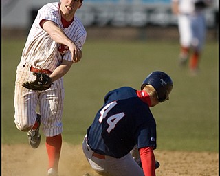 4.2.2008
Youngstown Penguin Josh Page (8) throws the ball to first in hopes of a double play after forcing Mike Carroll (44) of Duquesne Dukes out during a match up Wednesday afternoon at Cene Park in Struthers.