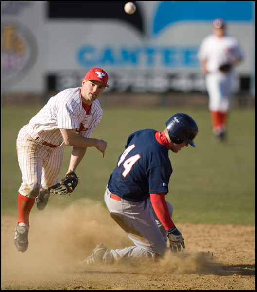 4.2.2008
Youngstown Penguin Josh Page (8) throws the ball to first in hopes of a double play after forcing Mike Carroll (44) of Duquesne Dukes out during a match up Wednesday afternoon at Cene Park in Struthers.
