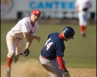 4.2.2008
Youngstown Penguin Josh Page (8) throws the ball to first in hopes of a double play after forcing Mike Carroll (44) of Duquesne Dukes out during a match up Wednesday afternoon at Cene Park in Struthers.