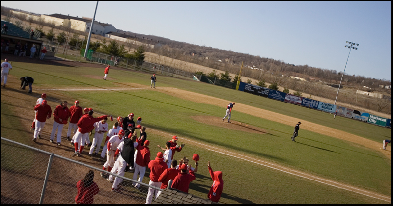 4.2.2008
YSU's Penguins celebrate a run while facing the Duquesne Dukes Wednesday afternoon at Cene Park in Struthers.
