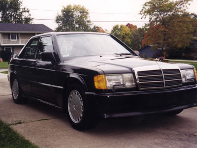 This is Monica Skurich's (from Poland, Ohio) 1987 Mercedes Benz 190E
2.3-16V.
It is a modern era classic, with less than 2000 made, it was Mercedes way
to showcase technology and racing/rallying ability in a special high
performance model.
The heart is a Cosworth racing derived engine that allowed the car to set
several world records for speed and endurance in Nardo Italy.  But the car
also had all the latest and best luxury and conveniences that Mercedes had
available.
They are sought after today for their low production volumes, uniqueness,
and heritage as these cars are the early predecessors to the current AMG
high performance Mercedes Benz models. ... Provided by her son, Michael.
