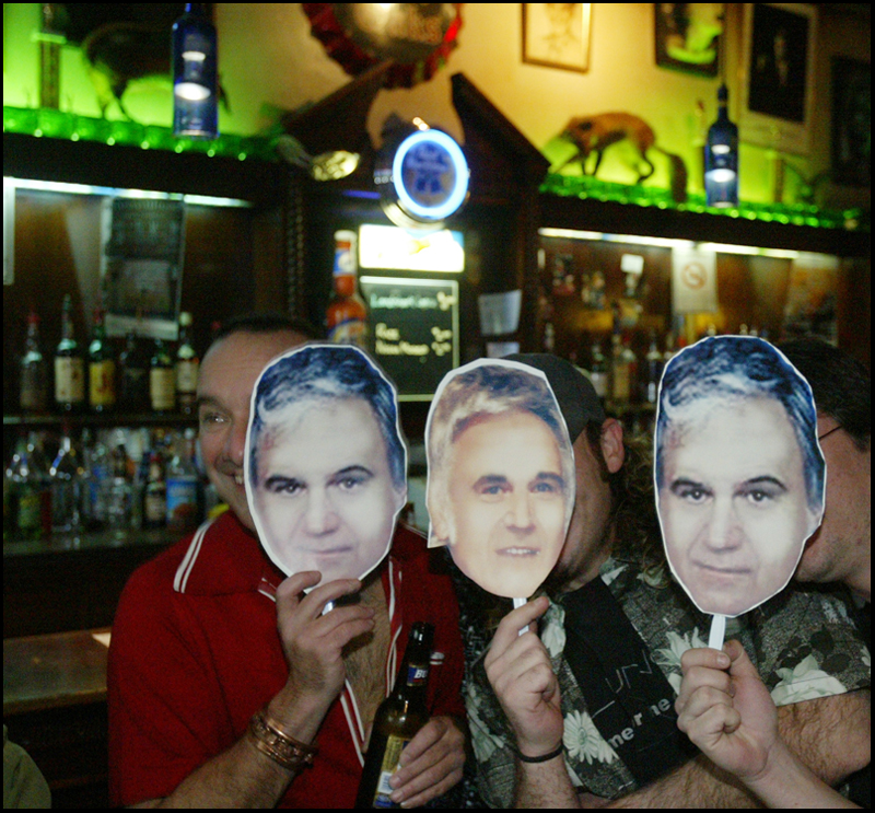 Royal Oaks Tavern patrons with cutouts  of Jim Traficant, the former congressman, currently in jail, during a birthday party Thursday.