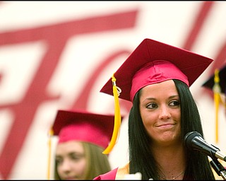 6.15.2008
Kara Roche, one of ten valedictorians speaks to her fellow classmates during Austintown Fitch High School's Commencement Ceremony for the Class of 2008, Sunday afternoon in the school's gymnasium.