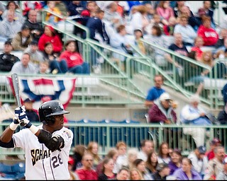 6.17.2008
Scrapper, Isaias Velasquez, stands to bat during the Mahoning Valley Scrappers' season opener at East Wood Field, Tuesday evening.