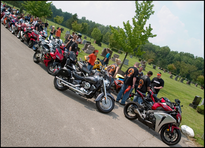 7.6.2008
Motorcyclists at Resurrection Cemetery in Austintown in visiting the grave of Matthew Adam Tynal, who passed away from a motorcycle accident on July 1, 2007.
