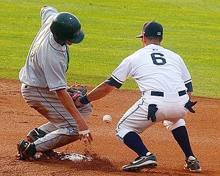 SCRAPPERS - (6) Walter Diaz can't hold on to the ball as (4) Kevin Mattison is safe at second Friday night at Eastwood Field. - Special to The Vindicator/Nick Mays