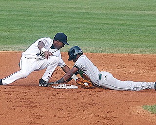 SCRAPPERS - JAMMERS - (28) Isaias Velasquez applies the tag to (2) Ray White at second during their game Sunday afternoon at Eastwood Field. - Special to The Vindicator/Nick Mays