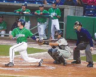 LONG GONE: Donnie Webb of the Mahoning Valley Scrappers hits a solo home run in the second inning of Sunday's game against the Tri-City ValleyCats at Eastwood Field.