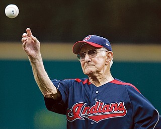 VALLEY STAR: Earl Smith, 1100, of North Jackson throws out the ceremonial pitch before the INdiands game against the Baltimore Orioles in Cleveland. The Tribe lost, 6-1, Wedesnday.