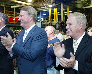GM's Rick Wagoner, left, and Ohio Gov. Ted Strickland during unveiling of the new Chevy Cruze at GM Lordstown Thursday.
