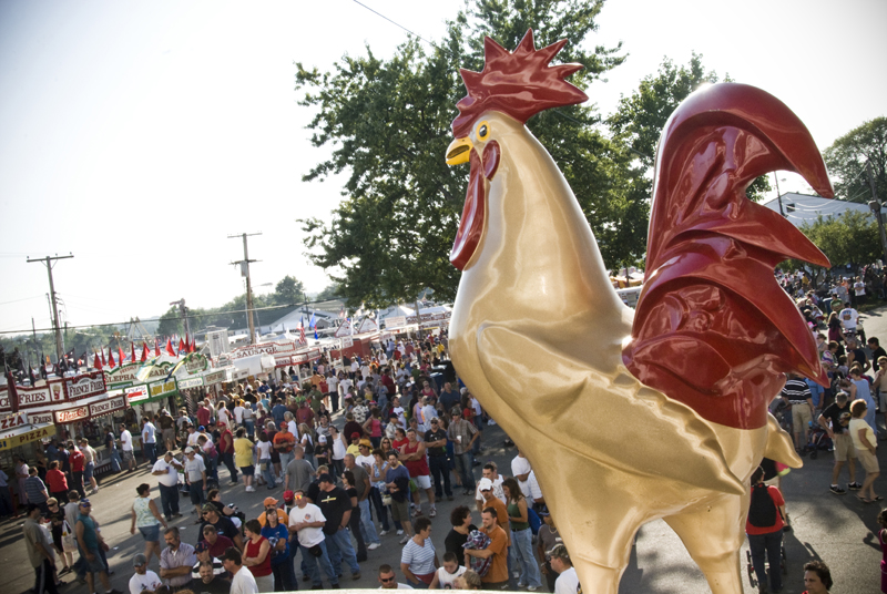 Rock around the cock: The cock, a Canfield Fair icon, oversees the crowd of thousands Saturday, August 30, 2008. Daniel C. Britt.