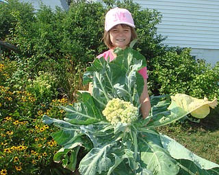 Morgan Wigle holds an extra-large cauliflower that she grew as a Mill Creek Metroparks Veggie Gardener . Morgan is now a Green Thumb Volunteer with the program. Photo by Roselyn Gadd, Veggie Photographer