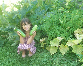 Amber Sierra, 7, in front of the family garden they planted for the first time this year. She did a lot of the work herself. She is holding a cucumber and zucchini from the garden. She is the daughter of Kerry and Mike Sierra of Austintown.