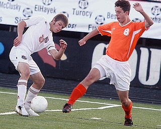 ONE AGAINST ONE: Nate Merhaut, left, of Canfield and Ethan Kuszmaul of Howland battle for the ball during Tuesday's soccer match at Canfield.