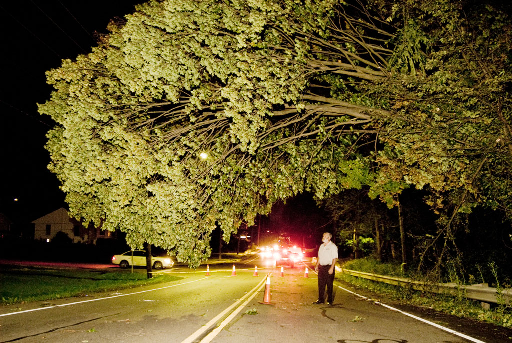Rick Plant stands under the storm damaged tree that has a 50 yard stretch of Churchill Street, near Belmont in Liberty, closed to traffic. A better road block is needed, Plant said. "The cones take people by surprise." Two different accidents have occurred during 12 hours the road block has been in place. "It's not doing much for safety," Plant Said. 