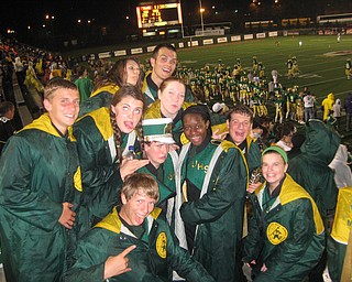 Ursuline Band Members (back row): Annie Cadle, Evan Sander and Erin Bouquet.  (middle row) Daniel Gleydura, Jen Stevens, Jimmy Hungerford, Liz McBride, Mike Thomas, and Katie Proach.  (front row) Marshall Finelli at Ursuline's 23-13 win over Massillion Washington Friday night at Stambaugh Stadium.  