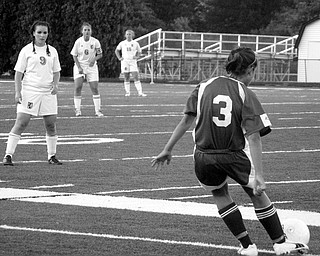 GIRLS SOCCER: Shawna Hunter (3) of Lakeview takes a free kick during Monday's game against Canfield. The game was stopped with about 25 minutes remaining because of a power failure that caused the stadium's lights to go out.