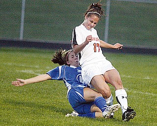 HOWLAND - POLAND - (17) Jessica Prokup of Howland and (10) Vivien Clayton of Poland take a spill during their game Thursday night. 