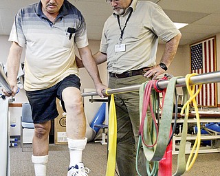 STEPPING UP: Physical therapist Kenneth Lamb helps veteran Paul Zornjack exercise at the Veterans Affairs Youngstown Outpatient Clinic. The clinic has helped more than 10,000 veterans each year since 2005 with injuries and disabilities suffered during their duty.