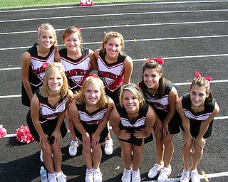 Even early on Saturday mornings, Canfield's JV cheerleaders are all smiles. The squad consists of sophomores: (front row) Dana Duffett, Brooke Sheets, Ashley French, Marissa Carbon, Adrianna Oddo (back row) Michelle Popevec, Gia Velasquez and Brooke Bidinotto. Coaches are Nancy Dove and Gretchen Sprague.