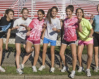 Canfield Cardinals Cross-Country Girls: L-R, Jillian Smith, 16, Elizabeth Wilkens, 16, Katie Tiberio, 15, Nicole Tiberio, 15, Shannon Reed, 18, and Cathyrn Zetts, 15, and Marla Marucci, 15, all of Canfield. Daniel C. Britt.