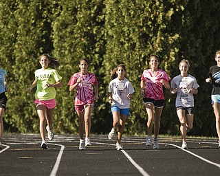 Canfield Cardinals Cross-Country girls: L-R, Jillian Smith, 16, Elizabeth Wilkens, 16, Katie Tiberio, 15, Nicole Tiberio, 15, Shannon Reed, 18, and Cathyrn Zetts, 15, and Marla Marucci, 15, all of Canfield. Daniel C. Britt.