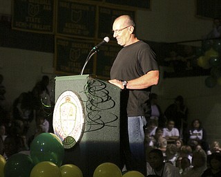 A visit to Ursuline High School for their pep rally on Thursday October 16th; the day before the big 50th anniversary game vs. Mooney High School. Ed O'Neil gives a short speech.