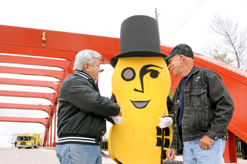 NUT CREATORS: Dick Tranick and Joe Mansky are two of the original pipefitters who created Mr. Peanut for Spring Common Bridge and are responsible for putting him up in the late 1980s. Mr. Peanut sat high on the old green bridge and greeted travelers at the Oak Hill Avenue entrance. 