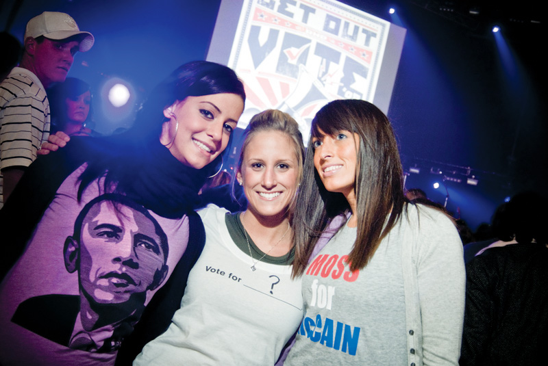 L-R Obama supporter Claudia Bucilli, 24, of Poland, the undecided Lindsey Salinsky, 23, of Canfield and McCain Supporter Jessica Moss, 28, of Boardman. Rock the Vote Concert at the Chevy Centre Wednesday, October 29, 2008. 
