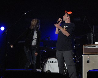 Sheryl Crow and Adam Horowitz of the Beastie Boys introduce Ben Harper at the Get Out and Vote '08 show at the Chevrolet Centre Wednesday night.