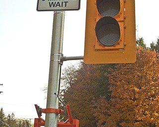 A traffic light hovering over congested poll traffic on Belle Vista Avenue in Youngstown turns red. Photo by Jon Moffet.