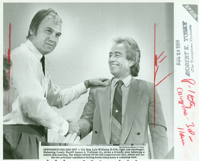 Aug 30, 1984: Then-Congressman Lyle Williams, right, a Republican anomaly in the heavily Democratic 17th District, shakes the hand of the opponent who would finally oust him from a three-term run in the U.S. House, James A. Traficant Jr. Traficant, then-Mahoning County sheriff, went on to serve 17 years in the House himself before being sent to prison in 2002 for eight years for racketeering, bribery, obstruction of justice and tax evasion.