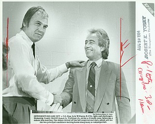 Aug 30, 1984: Then-Congressman Lyle Williams, right, a Republican anomaly in the heavily Democratic 17th District, shakes the hand of the opponent who would finally oust him from a three-term run in the U.S. House, James A. Traficant Jr. Traficant, then-Mahoning County sheriff, went on to serve 17 years in the House himself before being sent to prison in 2002 for eight years for racketeering, bribery, obstruction of justice and tax evasion.
