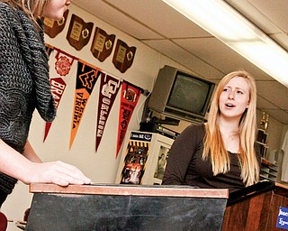 Liza Wood (17) and Elena Svenson (18), both of Boardman, are seniors at Boardman High School preparing for their debate at Austintown Fitch this weekend. Its part of practicing for the 2008-2009 Lincoln-Douglas Debate, a series of debates at local schools.