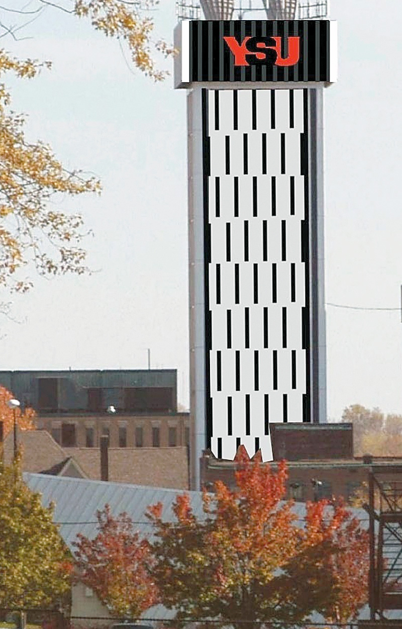 NEW LOOK: Youngstown State University has teamed up with AT&T to revamp the AT&T tower on the corner of Phelps Street and Lincoln Avenue. This artist's rendering shows the tower, 200 feet tall, as it will appear: painted a few new colors and with internally lit YSU signs on each side.
