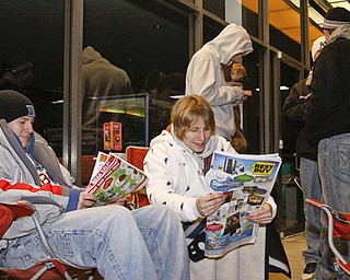L-R Bryan Piccirillo (22) and Robert Colick (22) of New Castle camp out in line at Best Buy in Boardman, Thursday November 27, 2008