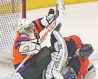 Mahoning Valley Phantoms goalie Jordan Tibbett defends a shot