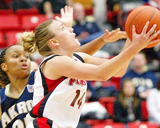 YSU's Kelsey Garganus tries to get around Jolene Tamboue of Akron during Saturday game.