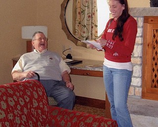 Emilie Ridge, a Duquesne law student, had a moment of joy when her great uncle, atty. Don Nicolls of New Castle, gave her tickets to the Ohio State/Penn State football game for her birthday. The two Ohio State grads didn't enjoy the outcome of the game, though. Gayle Ridge, Emilie's mom and Don's niece, captured the moment.