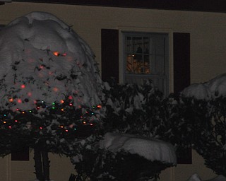 Christmas lights glow beneath a coat of snow in Youngstown