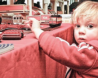 Kaden (2 1/2) Larson of Akron plays with blinking lights and a miniature railroad track at McMenamy's Banquet Hall in Niles for the 2009 Winter Flea Market hosted by Youngstown Model Railroad Association.