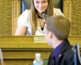 Council President Chelsea Moherman, age 17 of Lordstown, calls for order after Mayor Evan Beil, age 17 of Boardman, speaks out of turn during a mock city council meeting at the Youngstown City Council Chambers on Wednesday. High school juniors from thirty local schools participated in the event coordinated by the Youth Leadership Mahoning Valley program.