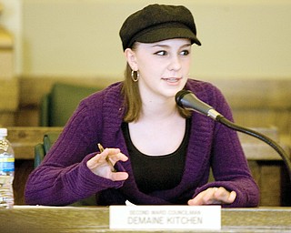 2nd Ward Councilwoman Leah Kook, age 16 of JFK High School, speaks about a proposed teen center during a mock city council meeting at the Youngstown City Council Chambers on Wednesday. High school juniors from thirty local schools participated in the event coordinated by the Youth Leadership Mahoning Valley program.