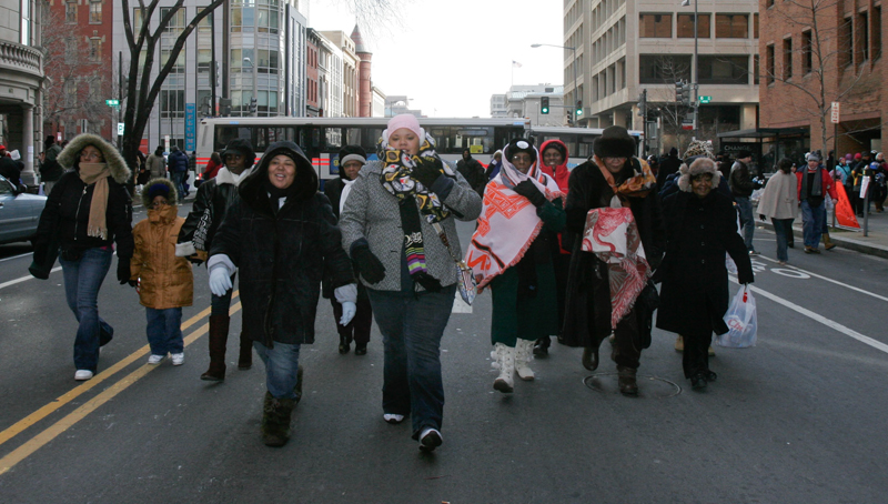 A group of Youngstowners walk toward the inaugural address