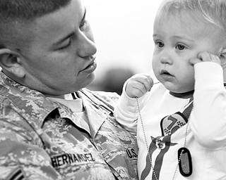 Logan Hernandez, 1 of Cincinnati, tries on the dog tags of his father, Senior Airman Adam Hernandez, after Adam's return to Vienna Air Force Base following a six month tour in Iraq.