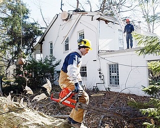 Workers from Stride Tree Service remove a large Maple tree from a house on Lee Run in Poland Wed. High winds felled the tree about 4:45 am. The owners Dick and Sharon Wade were home at the time but were not injured.